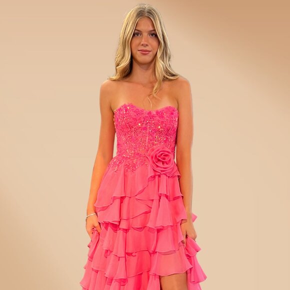 New Strapless Ruffle Glamorous Gown w/ Sequins Embroidery & Sheer Bodice AC 7087 - Picture 1 of 9